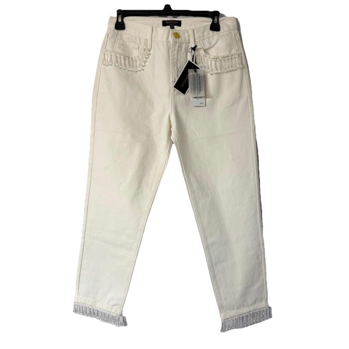 Wt Juicy Couture Black Label Womens White Rigid Fringe Boyfriend Jeans Size 25